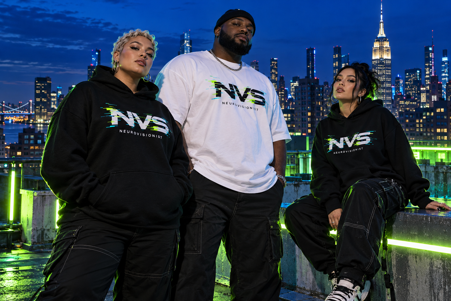 Neon rooftop streetwear trio